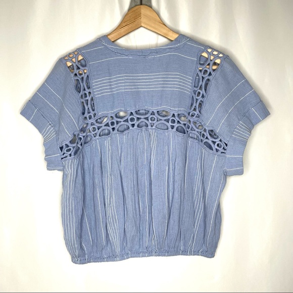 NEW Free People Cedar Lace Trim Popover Blouse Top Blue Gauze Cotton Medium - Picture 7 of 11